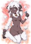 2015 anthro bell blush breasts brown_eyes brown_skin caprine collar female hair hooves horn kneeling kure looking_at_viewer mammal navel nipples nude open_mouth pussy razor_(object) sheep simple_background small_breasts solo white_hair wool 