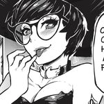  breasts cleavage collar erica_june_lahaie finger_licking glasses greyscale hat heart heart-shaped_pupils highres licking medium_breasts monochrome naughty_face portrait real_life self-portrait short_hair smile solo symbol-shaped_pupils tongue tongue_out 