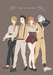  3boys blue_hair bow brown_hair fashion formal full_body glasses idolmaster idolmaster_cinderella_girls idolmaster_side-m koron_chris kurono_genbu kuzunoha_amehiko moroboshi_kirari multiple_boys muted_color shorts simple_background suspenders trait_connection waistcoat wedge_heels 