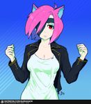  ahoge animal_ears blue_background breasts cleavage collarbone erica_june_lahaie fox_ears gradient gradient_background hair_over_one_eye jacket large_breasts lips original parted_lips pink_hair red_eyes signature solo tank_top upper_body watermark web_address 