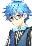 blue_eyes blue_hair bow bowtie commentary_request fate/grand_order fate_(series) glasses hans_christian_andersen_(fate) looking_at_viewer male_focus milcho simple_background solo upper_body vest white_background 