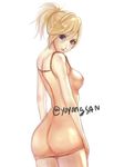  ass bad_id bad_pixiv_id blonde_hair blue_eyes breasts brown_dress casual cowboy_shot dress eyebrows_visible_through_hair from_side hair_tie high_ponytail looking_at_viewer looking_to_the_side medium_breasts mercy_(overwatch) no_wings overwatch pink_lips short_hair shoulder_blades simple_background sketch sleeveless sleeveless_dress solo taut_clothes taut_dress twitter_username white_background yoyongsan 