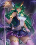  1girl alternate_costume alternate_eye_color alternate_hair_color alternate_hairstyle fluffy_ears gloves green_hair horn league_of_legends long_hair solo soraka star_guardian_soraka thighhighs very_long_hair white_gloves white_legwear 