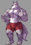  2017 5_fingers abs anthro biceps big_pecs boxers_(clothing) bulge canine clothed clothing digital_media_(artwork) fur hi_res lucusold male mammal muscular muscular_male pecs red_eyes red_underwear simple_background solo standing topless underwear wolf 