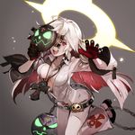  banpai_akira belt bodysuit breasts candy food gloves guilty_gear guilty_gear_xrd halloween halo jack-o'_valentine lollipop long_hair looking_at_viewer mask medium_breasts multicolored_hair red_eyes red_hair smile solo two-tone_hair white_hair 