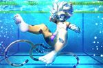  2016 anthro black_fur blue_eyes brown_fur bubble cat clothed clothing collar cub eyewear feline fur goggles hair kemorate looking_at_viewer male mammal pawpads smile solo swimming_pool swimsuit topless underwater water white_fur white_hair young 