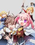  3boys armor astolfo_(fate) bandeau black_bow blonde_hair blue_eyes bow braid cape clarent fang fate/apocrypha fate_(series) french_braid gauntlets hair_ribbon headpiece highres jeanne_d'arc_(fate) jeanne_d'arc_(fate)_(all) long_hair looking_at_viewer mordred_(fate) mordred_(fate)_(all) multicolored_hair multiple_boys multiple_girls open_mouth otoko_no_ko pink_hair ponytail purple_eyes red_scrunchie ribbon scrunchie shishigou_kairi sieg_(fate/apocrypha) silver_background single_braid smile standard_bearer streaked_hair xin_yu_hua_yin 