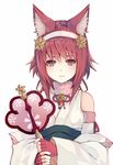  animal_ears bare_shoulders blush cat_ears fire_emblem fire_emblem_heroes fire_emblem_if hairband halloween highres japanese_clothes looking_at_viewer natsuyuki nekomata pink_hair red_eyes red_hair sakura_(fire_emblem_if) short_hair simple_background smile solo wand white_background 