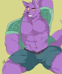  2017 abs anthro belt bernard_(ok_k.o.!_lbh) biceps canine cartoon_network clothed clothing fur ginnosuke male mammal muscular ok_k.o.!_let&#039;s_be_heroes open_shirt pants pecs purple_fur shirt smile solo torn_clothing were werewolf 