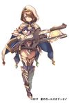  2017 black_footwear blue_eyes boots brown_hair cape closed_mouth copyright_name full_body gem gun hair_over_one_eye hestia_(hoshi_no_girls_odyssey) highres holding holding_gun holding_weapon hood hoshi_no_girls_odyssey knee_boots looking_at_viewer official_art pokachu short_hair simple_background smile solo standing thighhighs weapon white_background 