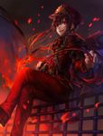  :d bangs belt black_hair black_hat cape crossed_legs dark_background fate/grand_order fate_(series) fence fire flame from_below gloves hat holding long_hair long_sleeves looking_at_viewer looking_down low_ponytail male_focus military military_uniform necktie oda_nobukatsu_(fate/grand_order) on_fence open_mouth pants peaked_cap red_eyes red_neckwear red_pants riding_crop shigaraki_(strobe_blue) sidelocks smile solo uniform very_long_hair white_gloves 