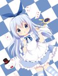  :o absurdres ace_of_hearts alice_(wonderland) alice_(wonderland)_(cosplay) alice_in_wonderland angora_rabbit animal apron bangs black_hat blue_eyes blue_hair blue_ribbon blue_shirt blue_skirt blush blush_stickers bow bowtie bunny card chain chatsune_(white_lolita) checkered checkered_background cosplay eyebrows_visible_through_hair frilled_apron frilled_skirt frills gochuumon_wa_usagi_desu_ka? hair_between_eyes hair_ribbon hands_up hat heart highres holding kafuu_chino kneehighs long_hair looking_at_viewer lying maid_apron on_back parted_lips playing_card pocket_watch red_neckwear ribbon shirt skirt striped striped_legwear tippy_(gochiusa) top_hat very_long_hair watch white_apron wrist_cuffs 
