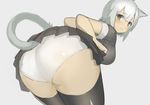  animal_ears ass ass_focus bangs bent_over blush bob_cut breasts cat_ears cat_girl cat_tail ccaw character_request clenched_hand closed_mouth commentary_request cowboy_shot dot_nose eyebrows_visible_through_hair fang from_behind grey_eyes grey_legwear grey_shirt grey_skirt hair_between_eyes hands_up large_breasts lifted_by_self looking_at_viewer looking_back miniskirt original panties parted_bangs pleated_skirt raised_eyebrows shirt short_hair short_sleeves silver_background silver_hair simple_background skirt skirt_lift sleeve_cuffs smile solo standing tail thighhighs underwear white_panties 