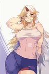  abs arm_behind_back bangs bare_shoulders blonde_hair blush bracelet breasts contrapposto cowboy_shot embarrassed hoshiguma_yuugi jewelry large_breasts long_hair looking_away navel parted_bangs parted_lips pointy_ears red_eyes sakurai_energy sarashi solo standing touhou underboob 