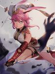  791_(meiyuewudi) animal_ears benghuai_xueyuan blue_eyes breasts bunny_ears closed_mouth dual_wielding eyebrows_visible_through_hair highres holding holding_knife holding_weapon honkai_impact knife large_breasts looking_at_viewer pink_hair sheath short_hair solo thick_thighs thighs weapon yae_sakura_(benghuai_xueyuan) 