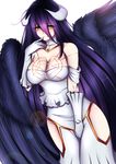  albedo bare_shoulders between_legs black_hair black_wings blush breasts cleavage demon_girl demon_horns detached_collar dress eyebrows_visible_through_hair feathered_wings finger_to_mouth gloves hair_between_eyes hand_between_legs highres hip_vent horns kuro_kitsune large_breasts lens_flare long_hair looking_at_viewer overlord_(maruyama) smile solo very_long_hair white_gloves wings yellow_eyes 