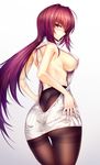  ass back black_legwear blush breasts covered_nipples fate/grand_order fate_(series) highres large_breasts long_hair looking_at_viewer meme_attire pantyhose purple_eyes purple_hair scathach_(fate)_(all) scathach_(fate/grand_order) sideboob silly_(marinkomoe) simple_background solo thighband_pantyhose virgin_killer_sweater white_background 