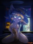  2girls :d absurdres animal_ears artist_name bedroom bewitching_tristana blonde_hair blue_skin blush breasts breasts_apart bright_pupils commentary erection fang foreskin glowing glowing_eyes grin half-closed_eyes halloween hat height_difference hetero highres imminent_sex indoors league_of_legends looking_at_viewer mayhem multiple_girls naughty_face nipples on_bed open_door open_mouth peeking_out penis pointy_ears poppy pov precum puffy_short_sleeves puffy_sleeves pumpkin seiza short_sleeves sitting small_breasts smile smirk teeth tristana twintails uncensored walk-in wavy_mouth whisker_markings white_hair white_skin witch_hat yordle 