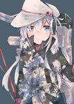 black_jacket blue_eyes camouflage camouflage_jacket earmuffs fishing_line fishing_rod hair_between_eyes hammer_and_sickle hat hibiki_(kantai_collection) itomugi-kun jacket kantai_collection long_hair long_sleeves machinery silver_hair simple_background solo verniy_(kantai_collection) white_hat 