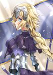  armor blonde_hair blue_eyes blush braid breasts closed_mouth eyebrows_visible_through_hair fate/apocrypha fate/grand_order fate_(series) flag headpiece highres holding holding_flag jeanne_d'arc_(fate) jeanne_d'arc_(fate)_(all) large_breasts long_hair looking_at_viewer solo sunsun2812 