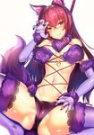  ass breasts claw_pose cleavage cosplay dangerous_beast elbow_gloves fate/grand_order fate_(series) gloves grin heart heart-shaped_pupils highres long_hair mash_kyrielight mash_kyrielight_(cosplay) medium_breasts navel purple_eyes purple_gloves purple_hair purple_legwear scathach_(fate)_(all) scathach_(fate/grand_order) silly_(marinkomoe) simple_background smile solo spread_legs symbol-shaped_pupils thighhighs white_background 
