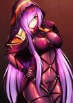  blue_eyes blush bodysuit breasts capelet commentary cosplay covered_navel cowboy_shot eyebrows_visible_through_hair fate/grand_order fate_(series) hair_over_one_eye hand_on_hip highres hood hood_up kuro_kitsune kurona_reole large_breasts long_hair looking_at_viewer original purple_bodysuit purple_hair scathach_(fate)_(all) scathach_(fate/grand_order) scathach_(fate/grand_order)_(cosplay) shoulder_pads smile solo very_long_hair 