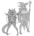  ass_visible_through_thighs black_sclera breasts cleavage collar commentary criss-cross_halter demon_girl demon_tail eu03 fang flat_chest greyscale hair_over_one_eye halterneck hat height_difference highres horns huge_breasts long_hair lowleg lowleg_panties mini_wings monochrome multiple_girls original panties short_hair sketch staff succubus tail thick_thighs thighhighs thighs twintails underwear very_long_hair witch witch_hat 