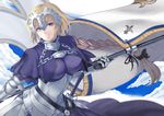  armor black_bow blonde_hair blue_eyes bow braid breasts byakuya_kaien closed_mouth eyebrows_visible_through_hair fate/apocrypha fate_(series) flag hair_bow headpiece holding holding_flag jeanne_d'arc_(fate) jeanne_d'arc_(fate)_(all) large_breasts long_hair looking_at_viewer smile solo upper_body very_long_hair 