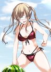  :d ass_visible_through_thighs bangs bare_arms bare_shoulders bikini black_ribbon blindfold blonde_hair blue_sky blush breasts cleavage clenched_hand clenched_hands collarbone culture_shock day food front-tie_bikini front-tie_top fruit graf_zeppelin_(kantai_collection) kantai_collection layered_bikini legs_together long_hair medium_breasts mikage_takashi navel open_mouth outdoors red_bikini ribbon side-tie_bikini sidelocks sky smile solo standing stomach suikawari swimsuit twintails v-shaped_eyebrows watermelon 