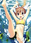  :o absurdres ahoge air_bubble armpits arms_up barefoot bikini bikini_shorts blue_eyes bow breasts brown_hair bubble butterflyfish dengeki_moeou feet fish floating_hair hair_bow highres kagome_(traumatize) kneepits leg_up legs long_hair looking_at_viewer open_mouth ponytail ripples scan shorts small_breasts soles solo swimsuit toenails toes underwater wonder_4_world 