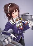  ;d ashigara_(kantai_collection) black_skirt brown_hair cowboy_shot fang gloves hairband hand_on_hip highres horned_headwear kantai_collection koubakotone long_hair looking_at_viewer one_eye_closed open_mouth pencil_skirt red_eyes remodel_(kantai_collection) scarf skirt smile solo turret uniform wavy_hair white_gloves 