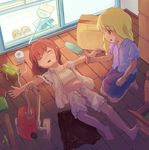  2girls barefoot blonde_hair bloomers brown_hair crotchless crotchless_bloomers eyes_closed fan feet female hot ikumi_(iq3) indoors lying maribel_hearn multiple_girls on_back soles sweat toes touhou usami_renko vacuum_cleaner 