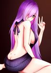  back backless_dress backless_outfit bare_back barefoot black_sweater blush breasts butt_crack dimples_of_venus dress hair_over_one_eye highres kuro_kitsune kurona_reole large_breasts long_hair looking_at_viewer meme_attire naked_sweater original ribbed_sweater sideboob sitting smile sweater sweater_dress turtleneck turtleneck_sweater v very_long_hair virgin_killer_sweater wariza 