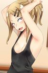  :d adjusting_hair armpits arms_up bare_arms bare_shoulders black_tank_top breasts brown_eyes collarbone commentary_request dagashi_kashi endou_saya eyelashes fangs from_side hair_ornament hairclip happy highres indoors karasuma_yayoi light_brown_hair long_hair looking_at_viewer open_mouth ponytail raised_eyebrows sanpaku shiny shiny_hair sideboob small_breasts smile solo standing tank_top upper_body 