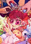  abstract bangs breasts commentary_request crown facing_viewer gem giantess hair_ornament hair_scrunchie hairclip hand_on_own_face hands heart heart-shaped_pupils ladder large_breasts long_hair melting orange_hair original parted_lips pink_scrunchie sakurai_energy scrunchie solo_focus surreal symbol-shaped_pupils wrist_cuffs 