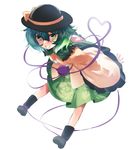  asuzemu black_footwear boots bow green_eyes green_hair grin hat hat_bow komeiji_koishi leaning_forward long_sleeves looking_at_viewer short_hair skirt smile solo third_eye touhou wide_sleeves 