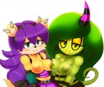  2017 anthro areola black_nose blue_eyes breasts clothed clothing ear_piercing eyelashes female fur gloves green_eyes green_hair green_skin hair half-closed_eyes herpestid horn lips looking_at_viewer mammal matospectoru mina_mongoose mongoose navel nipples nude piercing purple_hair simple_background skirt sonic_(series) white_background yellow_fur zeena zeti 