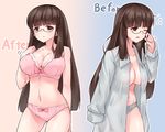  arm_behind_back bad_id bad_pixiv_id bangs before_and_after black-framed_eyewear blunt_bangs bow bow_bra bow_panties bra breasts brown_eyes brown_hair cleavage commentary cowboy_shot debutya_aki dress_shirt eyebrows_visible_through_hair glasses lace lace-trimmed_bra lace-trimmed_panties large_breasts long_hair looking_at_viewer multiple_views navel no_bra one_eye_closed open_clothes open_mouth open_shirt panties parted_lips pink_bra pink_panties rubbing_eyes saki sawamura_tomoki semi-rimless_eyewear shirt sleepy standing tearing_up under-rim_eyewear underwear white_panties 