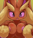  :3 anthro b_cottontail big_breasts blush breasts female gradient_background hand_on_breast lopunny nintendo nipples open_mouth open_smile pink_eyes pok&eacute;mon pok&eacute;mon_(species) pok&eacute;morph simple_background smile video_games 