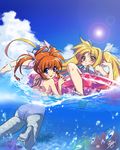  artist_name ass back bikini blonde_hair blue_eyes brown_hair closed_mouth cloud cloudy_sky commentary_request day eyebrows_visible_through_hair fate_testarossa from_behind front-tie_bikini front-tie_top frown fundoshi_inao hair_ribbon innertube lens_flare lyrical_nanoha mahou_shoujo_lyrical_nanoha multiple_girls ocean one-piece_swimsuit outdoors parted_lips red_eyes ribbon see-through short_twintails signature sitting sky smile soles star sun swimming swimsuit takamachi_nanoha twintails underwater white_background white_swimsuit 