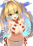  1girl :d ahoge bangs bare_arms bare_shoulders bikini blonde_hair blush breast_squeeze breasts cleavage collarbone cowboy_shot criss-cross_halter fate/grand_order fate_(series) green_eyes hair_intakes halterneck large_breasts long_hair navel nero_claudius_(fate)_(all) nero_claudius_(swimsuit_caster)_(fate) open_mouth phandit_thirathon red_bikini red_ribbon ribbon side-tie_bikini smile solo standing stomach striped striped_bikini swimsuit thigh_gap twintails watermark web_address 