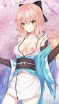  ahoge black_bow bow breasts brown_eyes cleavage collarbone cowboy_shot day ero_waifu eyebrows_visible_through_hair fate/grand_order fate_(series) hair_between_eyes hair_bow japanese_clothes kimono light_brown_hair long_hair medium_breasts nipples okita_souji_(fate) okita_souji_(fate)_(all) open_clothes open_kimono outdoors short_kimono solo standing white_kimono 