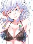  ;) black_bikini_top blue_eyes braid breasts cleavage collarbone earrings hair_ornament hand_in_hair head_tilt izayoi_sakuya jewelry long_hair maid_headdress medium_breasts one_eye_closed parted_lips rosette_(roze-ko) silver_hair simple_background smile solo touhou twin_braids upper_body water_drop white_background 