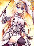  armor armored_boots armored_dress banner black_legwear blonde_hair blue_eyes blush boots breasts breasts_apart chain day dress eyebrows_visible_through_hair fate/apocrypha fate_(series) floating_hair fukase_ayaka fur_trim gauntlets hair_ornament holding holding_weapon jeanne_d'arc_(fate) jeanne_d'arc_(fate)_(all) large_breasts leg_up long_hair looking_at_viewer outdoors shiny shiny_skin sideboob sleeveless sleeveless_dress smile solo thighhighs very_long_hair weapon white_dress 