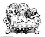  2015 black_and_white buckitponydoodles claws dragon duo equine eyelashes feral friendship_is_magic glass hiding horn lying mammal monochrome my_little_pony pen_(artwork) rarity_(mlp) simple_background smile sofa spike_(mlp) traditional_media_(artwork) unicorn url white_background 