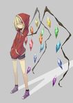  asameshi bare_legs black_legwear blonde_hair crystal drawstring flandre_scarlet full_body grey_background hands_in_pockets hood hoodie long_hair looking_at_viewer purple_footwear red_eyes shadow shoes short_shorts shorts simple_background socks solo standing touhou wings 