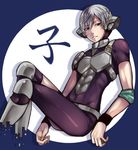  armor black_eyes blue_background circle cropped_legs headgear jpeg_artifacts juuni_taisen looking_at_viewer male_focus shin_guards short_sleeves silver_hair simple_background solo sumino_tsugiyoshi 