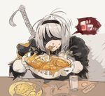  bangs blindfold bowl covered_eyes eating egg food food_request glass gloves grey_hair hairband katana nier_(series) nier_automata noodles plate ramen sakurai_energy short_hair solo stained_clothes sword weapon white_gloves yorha_no._2_type_b 