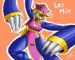  arms_(game) blonde_hair borockman breasts chinese_clothes claws cleavage cleavage_cutout commentary cosplay crossover hat jiangshi lei_lei lei_lei_(cosplay) min_min_(arms) ofuda short_hair vampire_(game) 