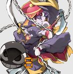  :o axe bangs bomb bow breasts bursting_breasts chain chinese_clothes claws cleavage_cutout fire flipped_hair fuse hair_between_eyes hat jiangshi large_breasts legs_apart lei_lei long_sleeves looking_at_viewer ofuda open_mouth outline pants pink_hat pink_shirt purple_hair purple_pants purple_skin red_eyes sash scimitar shirt short_hair side_slit silver_background simple_background sleeves_past_wrists solo sword tomahawk vampire_(game) weapon white_outline wide_sleeves yellow_bow ysk! zombie 